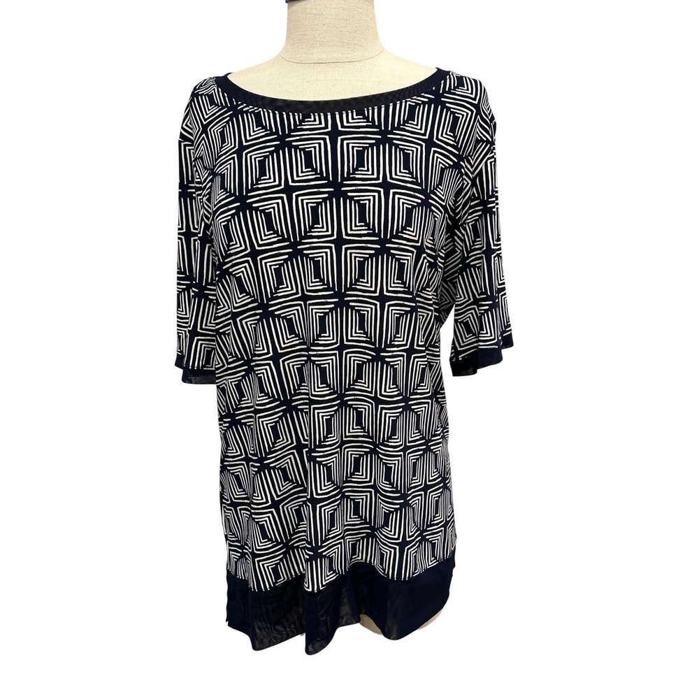 Anne Klein Women Navy White Geometric Square Print Mesh Trim Tunic Top L Office